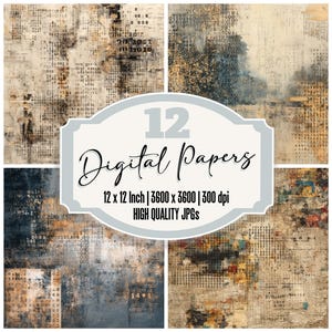 May include: A collage of four digital papers with a vintage aesthetic. The papers feature a mix of textures, including what appears to be binary code and aged paper. The central graphic reads "12 Digital Papers, 12 x 12 Inch, High Quality JPGs."