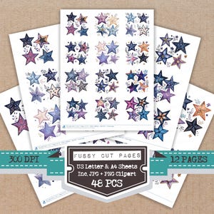 May include: Sheets of star-shaped cutouts in various colors, including blue, purple, and orange, with floral accents. The sheets are labeled "Fussy Cut Pages" and include 48 pieces. The image also shows "US Letter & A4 Sheets" and "12 Pages".