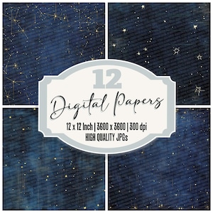 12x Midnight Sky Digital Paper Pack,Cosmic Junk Journal Paper,Golden Stars & Galaxy Textures,High Quality JPGs,Digital Download,Space Denim