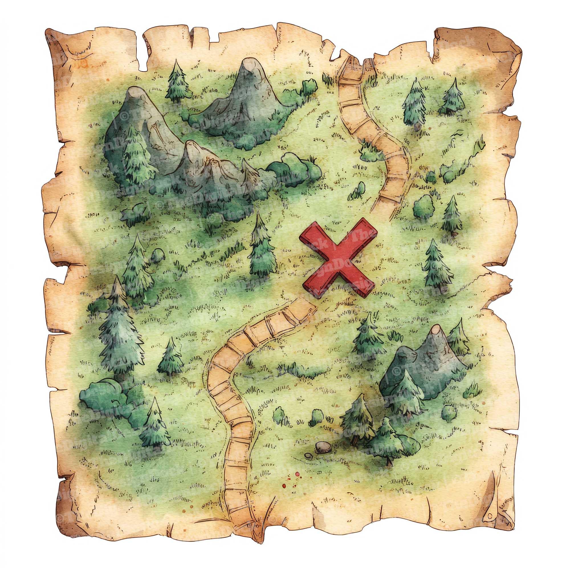 Treasure Map Clip Art, 12x Watercolor Map Clipart Set, Pirate Map