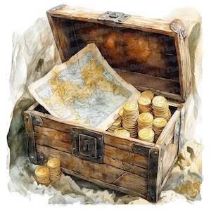 Coffre au trésor de la carte clipart, 12 x pièces d'or cartes Clipart ensemble, clipart pirate imprimable, créations en papier, téléchargement numérique, lot de journaux indésirables