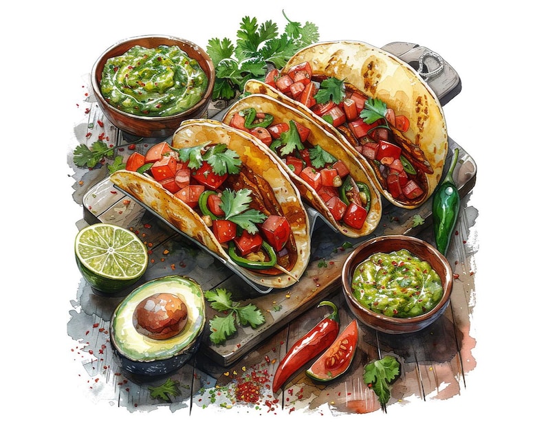 Taco PNG Clipart, 12x Mexican Food Clip Art Set, Printable Watercolor Taco Clipart, Transparent PNG, Digital Download, Fiesta Party Decor image 6