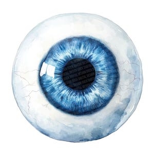 Könnte beinhalten: Ein Aquarellbild eines blauen Auges mit weißen Adern und einer weißen Sklera. Das Auge schaut direkt auf den Betrachter.