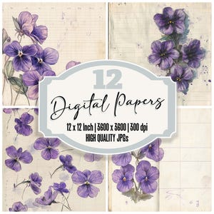 12x Fioletowy fioletowy papier do dziennika śmieci Botaniczny cyfrowy papier Pakiet wysokiej jakości JPG Zniszczona tekstura Papier do scrapbookingu Cyfrowe pobieranie