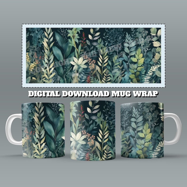 K&ouml;nnte beinhalten: Eine wei&szlig;e Keramiktasse mit einem umlaufenden Design, das ein Aquarellmuster aus gr&uuml;nen und gelben Bl&auml;ttern auf dunkelblauem Hintergrund zeigt. Das Design ist nahtlos und wiederholt sich um die Tasse.