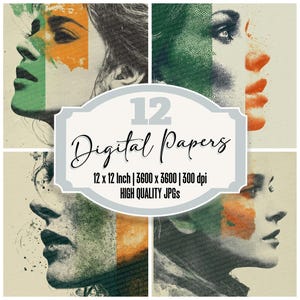 12 x drapeau de l'irlande papier journal indésirable portrait de femme paquet de papier numérique Texture vieillie JPG haute qualité téléchargement de scrapbooking