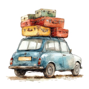 12 cliparts PNG de voiture de voyage rétro, aquarelle de valises sur le toit, clipart imprimable, PNG/JPG de haute qualité, téléchargement numérique, créations en papier, ordures