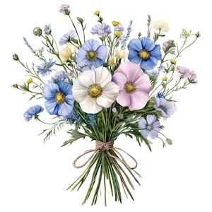 May include: A bouquet of blue, white and pink wildflowers tied together with twine. The flowers are arranged in a loose, natural style.