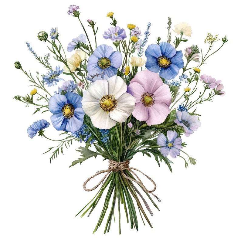 May include: A bouquet of blue, white and pink wildflowers tied together with twine. The flowers are arranged in a loose, natural style.
