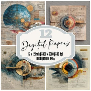May include: A collection of 12 digital papers with a vintage aesthetic. The designs feature celestial and geometric elements in shades of blue, gold, and beige. Each paper is 12 x 12 inches and 3600 x 3600 pixels at 300 dpi.