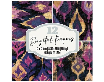 12x Ikat Junk Journal Papier Houtsnede Mauve Pruim Goud Digitaal Papier Pakket Achtergronden Scrapbook Ephemera JPG's Digitale Download