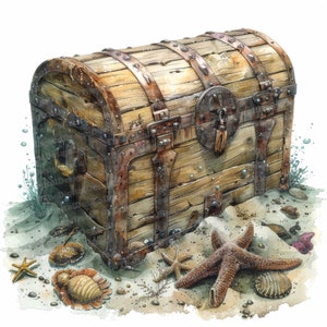 Treasure Chest Clipart, 12 JPGs, Mar Marinho Oceano, Clipart de aquarela para impressão, Arte de parede, Download digital instantâneo, Diários de lixo, Gráficos