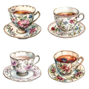 May include: Four teacups and saucers with floral patterns. The teacups are filled with tea and the saucers have a white background with gold trim.