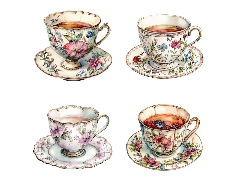 May include: Four teacups and saucers with floral patterns. The teacups are filled with tea and the saucers have a white background with gold trim.