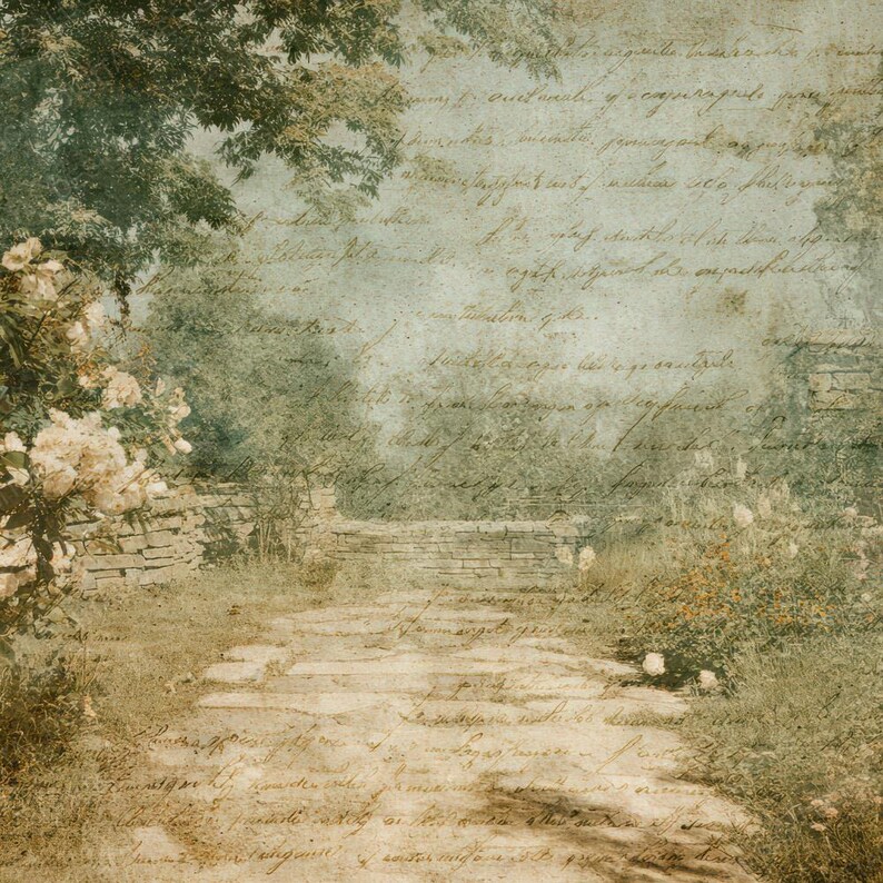 12x Vintage Garden Path Junk Journal Paper Floral Landscape Script ...