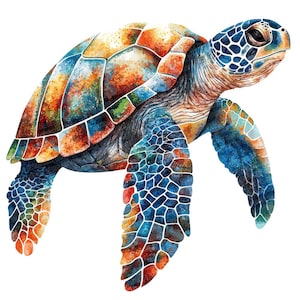May include: A colourful watercolour painting of a sea turtle with a blue, green, orange and red shell. The turtle is swimming in the ocean.