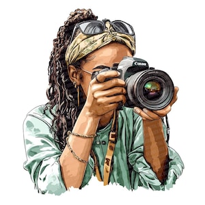 Photographer PNG Clipart, 12x Black Women with Cameras Clip Art Set, Watercolor Art, Printable Photography Art, Digital Download, Scrapbook