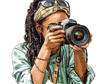 Photographer PNG Clipart, 12x Black Women with Cameras Clip Art Set, Watercolor Art, Printable Photography Art, Digital Download, Scrapbook