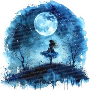 12x Full Moon Fairy Clipart, Night Forest JPG Clipart, Printable Watercolor Clipart, Wall Art, Paper Crafts, Digital Download, Junk Journals