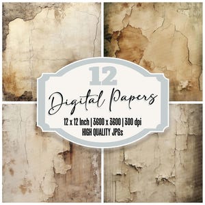 May include: Set of 12 digital papers featuring distressed, cracked, and textured backgrounds in shades of brown, beige, and white. Each paper is 12 inches by 12 inches and 300 dpi.