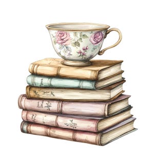 Taza de té sobre libros de cuentos PNG Clipart, Set de 12 Clip Art de Taza de Té y Libro Vintage, Clip Art de Acuarela Imprimible, Manualidades de Papel, Descarga Digital