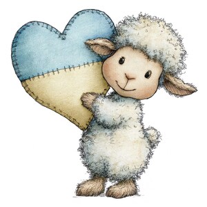 May include: A watercolour illustration of a fluffy sheep holding a blue and yellow heart. The sheep has a cream-coloured face and body with brown hooves and ears. The heart is stitched together with a light brown thread.