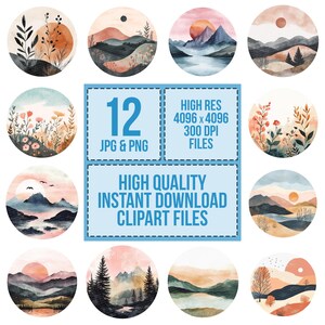 Pu&ograve; includere: Set di 12 illustrazioni clipart ad acquerello che rappresentano paesaggi montani con una variet&agrave; di colori e stili. Le illustrazioni sono perfette per aggiungere un tocco di natura ai tuoi progetti.
