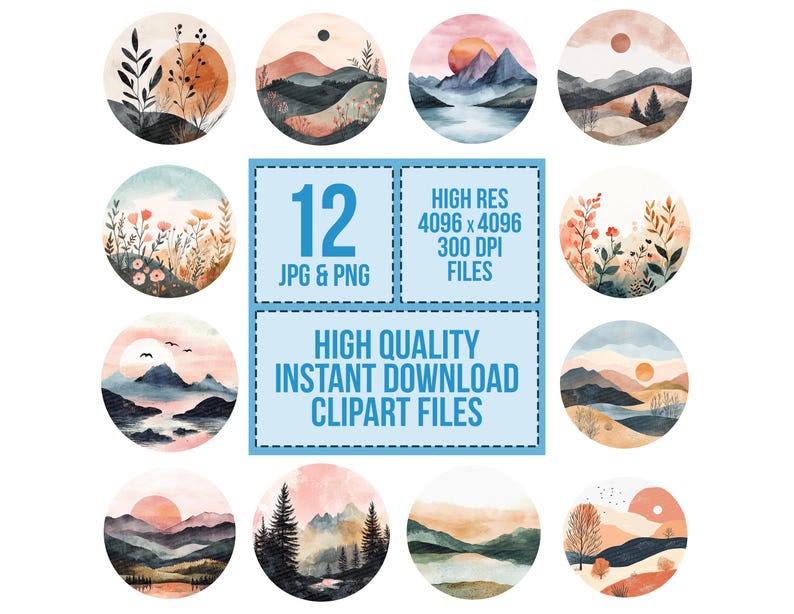 Pu&ograve; includere: Set di 12 illustrazioni clipart ad acquerello che rappresentano paesaggi montani con una variet&agrave; di colori e stili. Le illustrazioni sono perfette per aggiungere un tocco di natura ai tuoi progetti.
