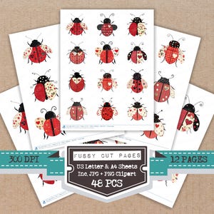 May include: Sheets of paper featuring various ladybug designs in red, black, and white. The ladybugs have different patterns, including hearts and plaid. The image includes the text "Fussy Cut Pages", "US Letter & A4 Sheets", "Inc. JPG + PNG Clipart", and "48 PCS".