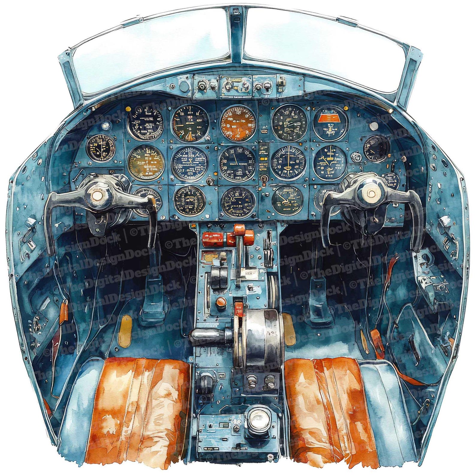12 Vintage Airplane Cockpit Clipart, Watercolor Aviation Art, Printable ...