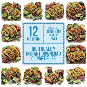 Taco PNG Clipart, 12x Mexican Food Clip Art Set, Printable Watercolor Taco Clipart, Transparent PNG, Digital Download, Fiesta Party Decor image 3