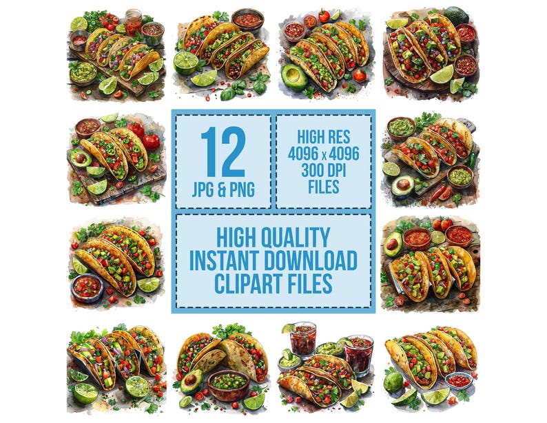 Taco PNG Clipart, 12x Mexican Food Clip Art Set, Printable Watercolor Taco Clipart, Transparent PNG, Digital Download, Fiesta Party Decor image 3
