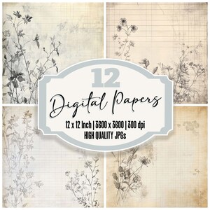 12x Faded Graph Floral Junk Journal Paper, Vintage Botanical Digital Paper Pack, Aged Sketch Backgrounds, High Quality JPGs,Digital Download