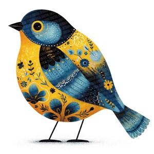 May include: A vibrant illustration of a decorative bird featuring a yellow body, blue wings, and a black head. The bird is adorned with blue and yellow floral patterns. It has black legs and a beak. The background is white.