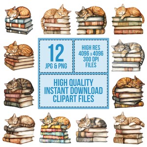 May include: Twelve digital illustrations of watercolor cats sleeping on stacks of books. The cats are in various poses and colors, including orange, brown, and gray. The books are stacked in different heights and have a vintage look. The illustrations are perfect for scrapbooking, card making, and other creative projects.
