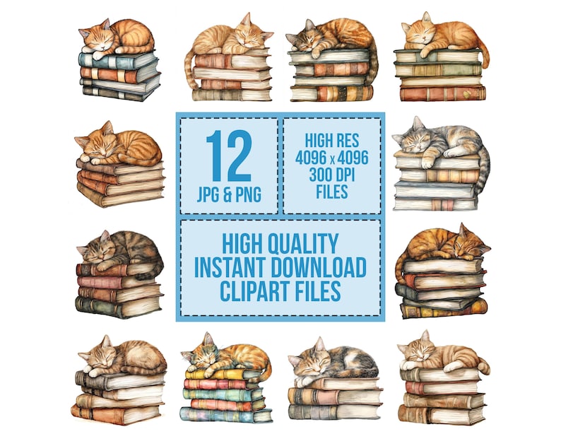 May include: Twelve digital illustrations of watercolor cats sleeping on stacks of books. The cats are in various poses and colors, including orange, brown, and gray. The books are stacked in different heights and have a vintage look. The illustrations are perfect for scrapbooking, card making, and other creative projects.