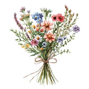 May include: A watercolour painting of a bouquet of wildflowers tied with twine. The bouquet includes pink, red, blue, and yellow flowers.