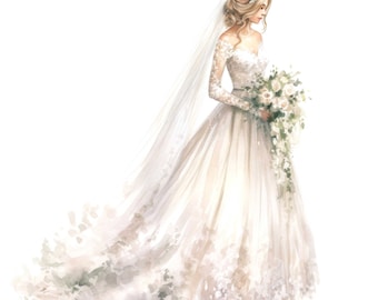 12x Lace Wedding Dress Clipart, Bride Wedding Clipart, Printable Watercolor Clipart, Wall Art,Paper Crafts,Digital Download,Junk Journals
