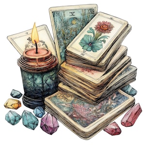 Imágenes prediseñadas de cartas del tarot, 12 imágenes prediseñadas de cristales y velas, imágenes prediseñadas de acuarela imprimibles, manualidades de papel, descarga digital, paquete de diario basura