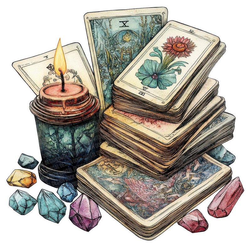 May include: A stack of tarot cards with a lit candle and crystals. The top card shows a flower with a blue center and red petals. The candle is in a glass jar with a red wax drip. The crystals are various colors and shapes.
