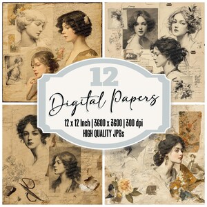 12x Illustrierte Muse Junk Journal Papier Collage Digitales Papier Pack Bleistift Textur Antikes Porträt Hochwertige JPGs Hintergründe