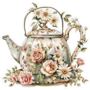 Vintage Teapot PNG Clipart, 12x Rustic Floral Art Set, Printable Watercolor Tea Pot Clipart, Digital Download, Transparent Background PNG