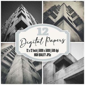Peut inclure: Un collage en niveaux de gris de quatre images présentant des structures architecturales. Les images montrent des bâtiments en béton aux motifs géométriques. Le texte "12 Digital Papers" est affiché, ainsi que les dimensions et les détails de résolution.