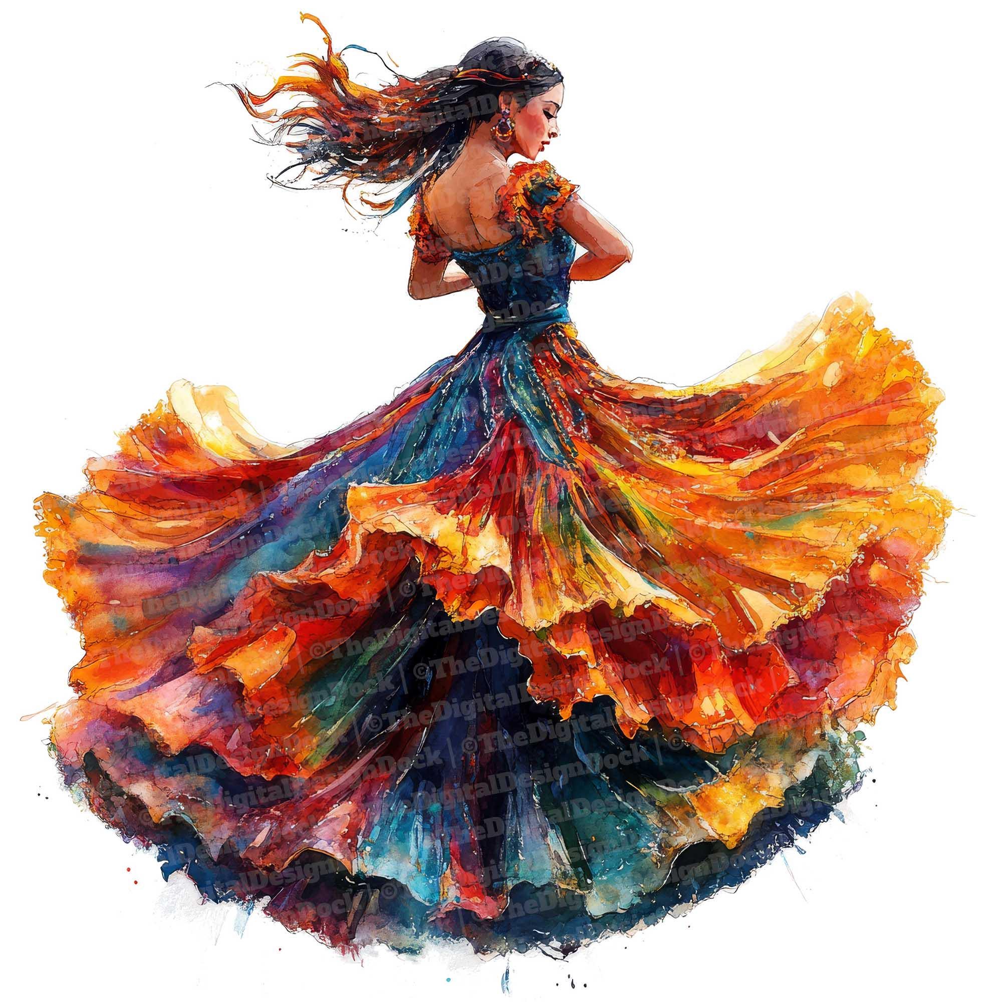 フラメンコドレス 女性の油彩画 12 フラメンコ ダンサーの水彩画クリップアート、スペインの女性