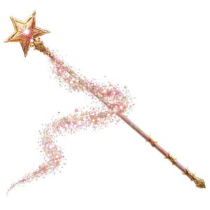 Puede incluir: Una varita mágica dorada en forma de estrella con un mango rosa y dorado. La varita tiene un rastro de chispas rosas y doradas que emanan de la estrella. Un artículo mágico.