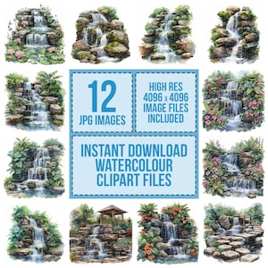 12 cliparts jardin cascade, rocher cascade, clipart aquarelle imprimable, créations en papier, art mural, téléchargement numérique, journaux indésirables