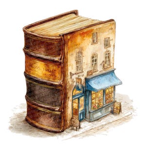Op de afbeelding: Waterverfillustratie van een gebouw in de vorm van een boek. Het gebouw heeft een blauwe luifel, ramen en een deur. De rug van het boek heeft de tekst "BRUNO TOKALT". Het gebouw staat op een geplaveide straat.