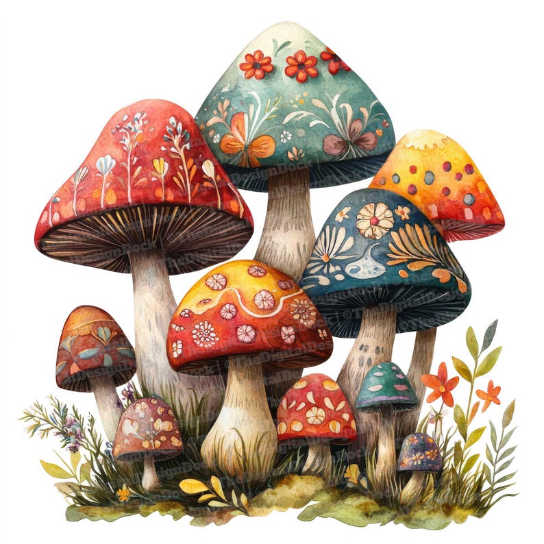 May include: A collection of colorful, hand-painted mushrooms with intricate floral designs. The mushrooms are arranged in a cluster, with the largest mushroom in the center and smaller mushrooms surrounding it. The mushrooms are painted in shades of red, yellow, blue, and green.