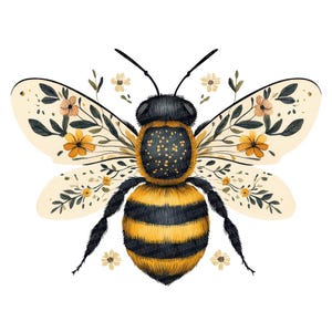May include: A watercolor illustration of a bee with yellow and black stripes. The bee's wings are decorated with floral patterns in shades of yellow, orange, and green. The bee is centered on a white background.