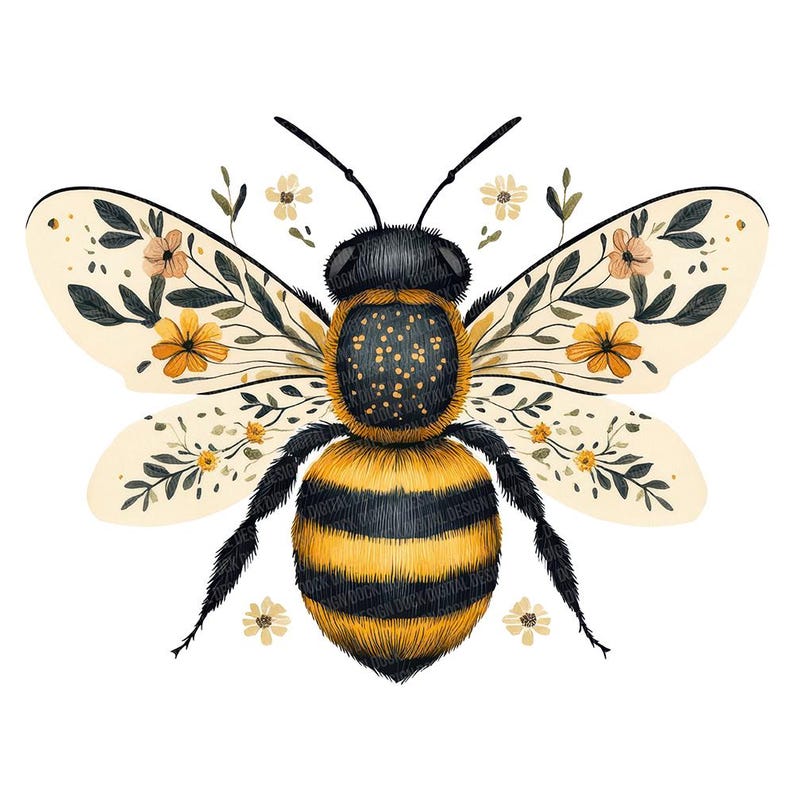 May include: A watercolor illustration of a bee with yellow and black stripes. The bee's wings are decorated with floral patterns in shades of yellow, orange, and green. The bee is centered on a white background.